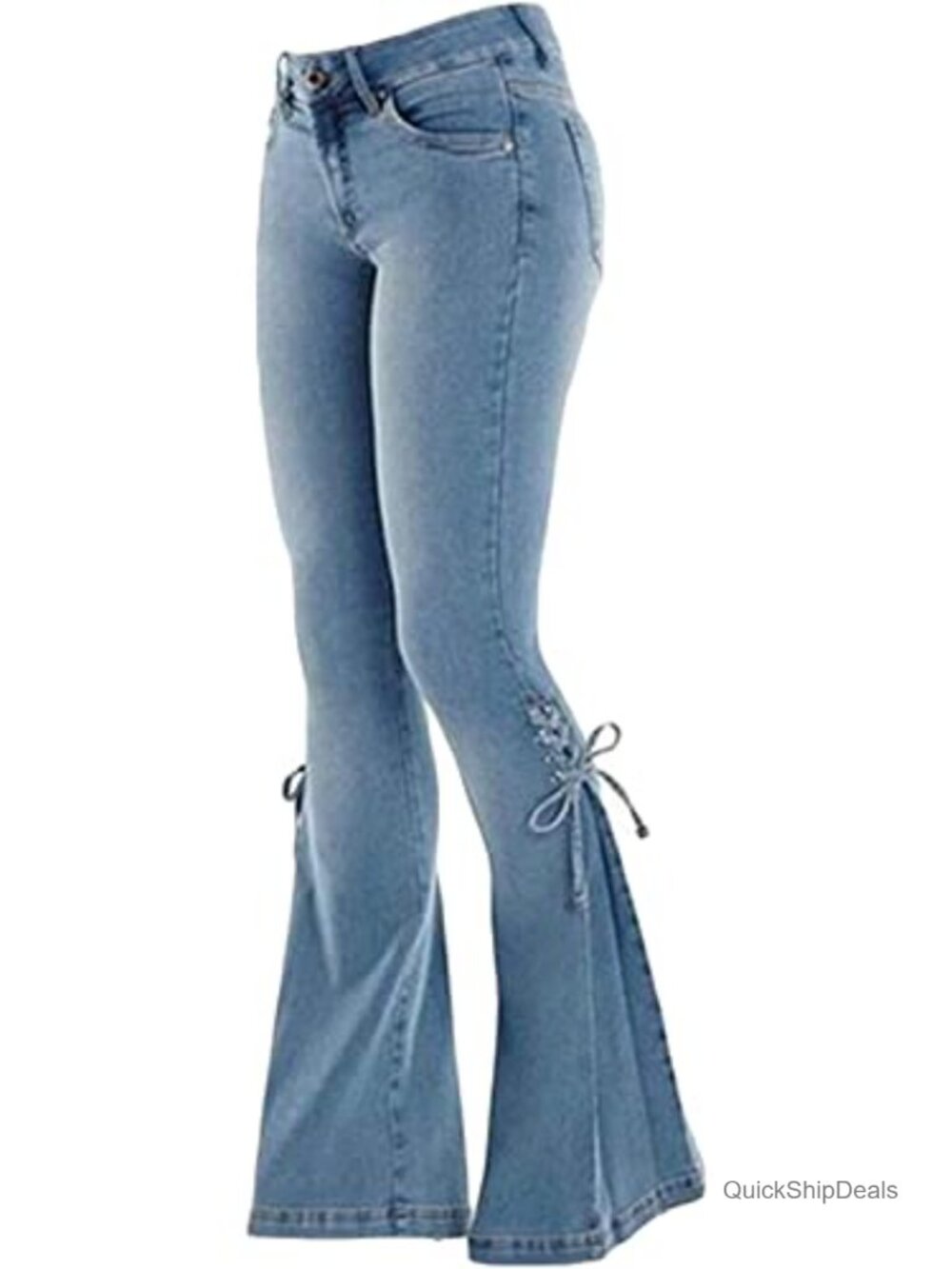 Women Lace-Up Bell Bottom Jeans Mid Waist Stretchy Flare Denim Pants